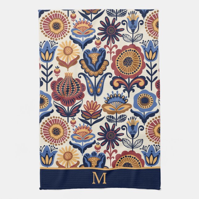 Nordic Flower Folk Art Pattern Monogram Tea Towel (Vertical)