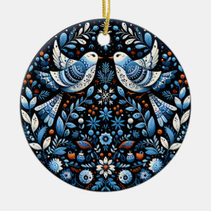 Nordic Folk Art Birds and Floral Holiday Ornament