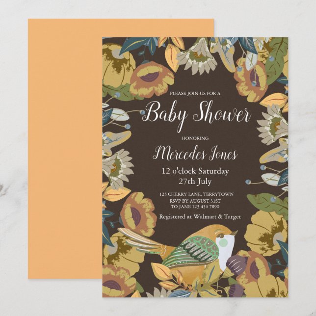 Nordic Folk Art Floral Bird Baby Shower Invitation (Front/Back)