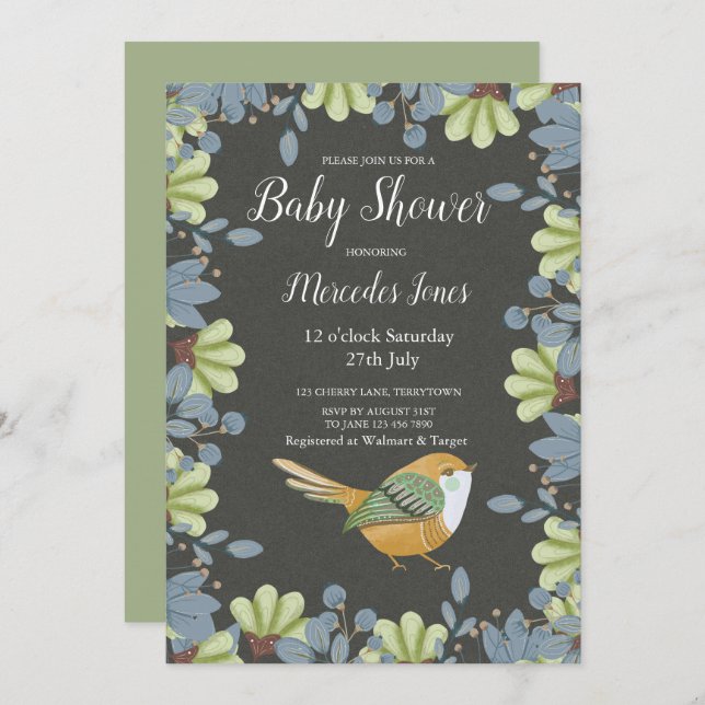 Nordic Folk Art Floral Bird Baby Shower Sage Green Invitation (Front/Back)