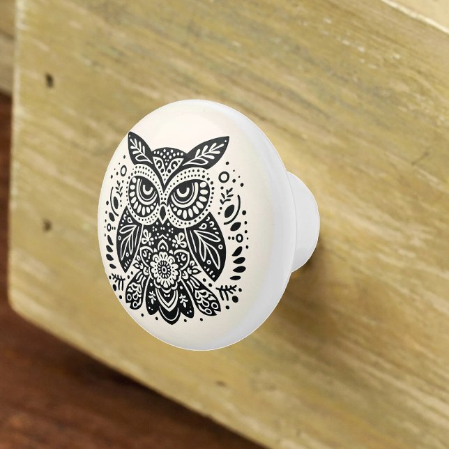 Nordic Folk Art Grumpy Owl Ivory Black Ceramic Knob (Creator Uploaded)