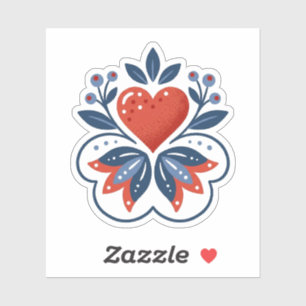 Nordic Folk Art Heart Sticker - Red and Navy Flora