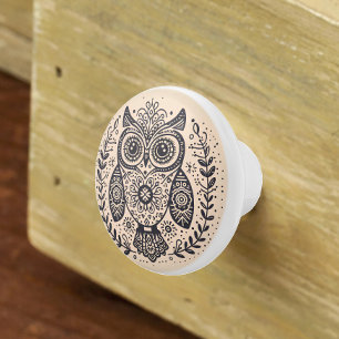Nordic Folk Art Owl Beige Black Ceramic Knob