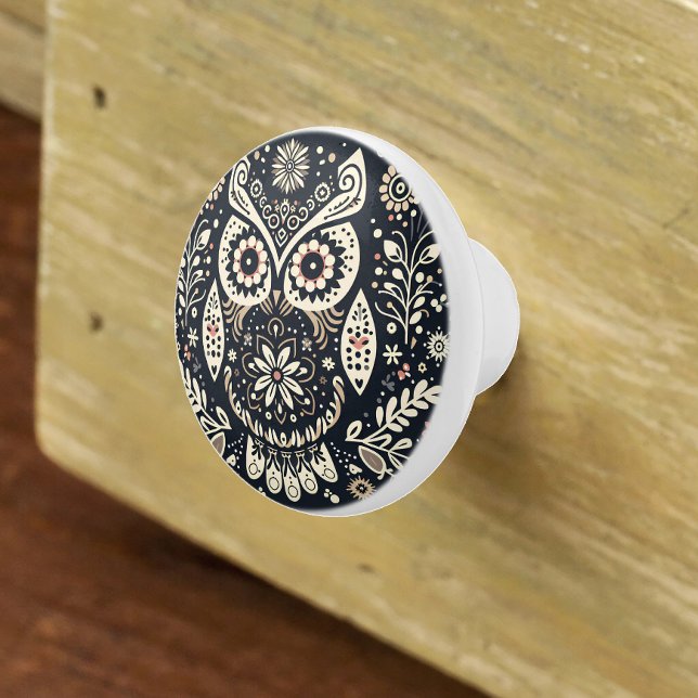 Nordic Folk Art Owl Black Ivory Ceramic Knob (Creator Uploaded)