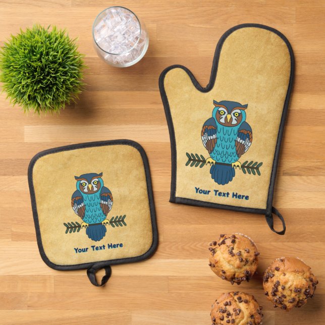 Nordic Folk Art Owl Oven Mitt & Pot Holder Set (Top Down)