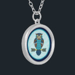 Nordic Folk Art Owl  Silver Plated Necklace<br><div class="desc">A cute owl in brown and blue,  done in Nordic folk art style,  superimposed on a snowy background image. You may remove the border rings. 

In Norse/Viking mythology owls symbolised wisdom and enlightenment. Modern Scandinavians associate owls with prosperity,  fortune,  and intelligence.</div>