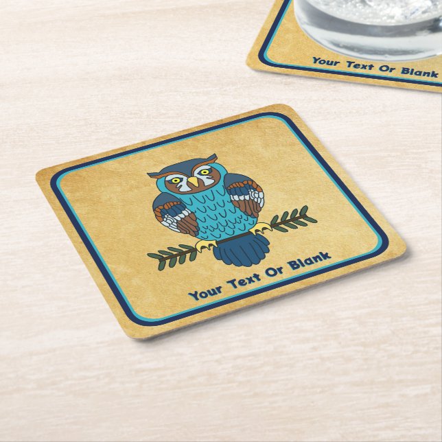 Nordic Folk Art Owl Square Paper Coaster (Angled)