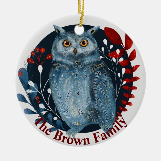 Nordic Folk Art Owl, Woodland Animal Folk Art Ceramic Ornament (Front)