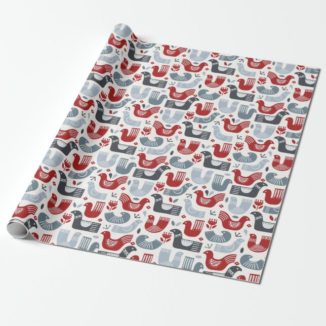 Nordic Folk Art Red Blue Birds And Flowers Wrapping Paper (Unrolled)