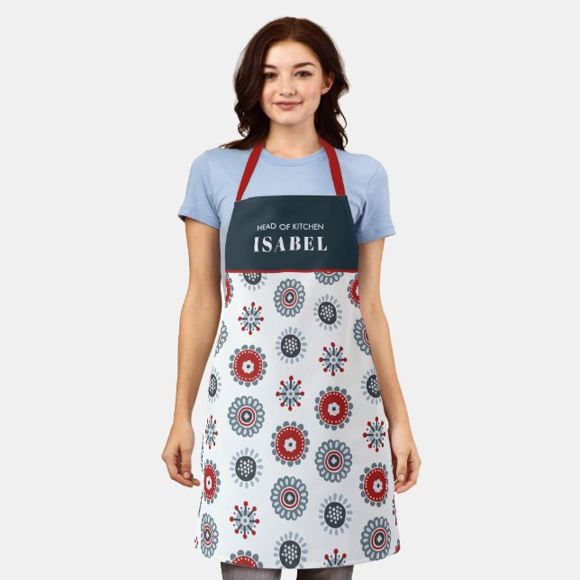 Nordic Folk Art  Red Blue Flowers Christmas Apron (Worn)