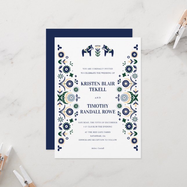 Nordic Folk Dala Horse Scandinavian Wedding V1 Inv Invitation (Front/Back In Situ)