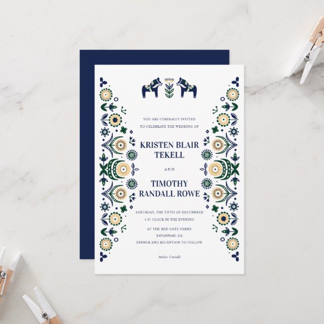 Nordic Folk Dala Horse Scandinavian Wedding V2 Invitation (Front/Back In Situ)