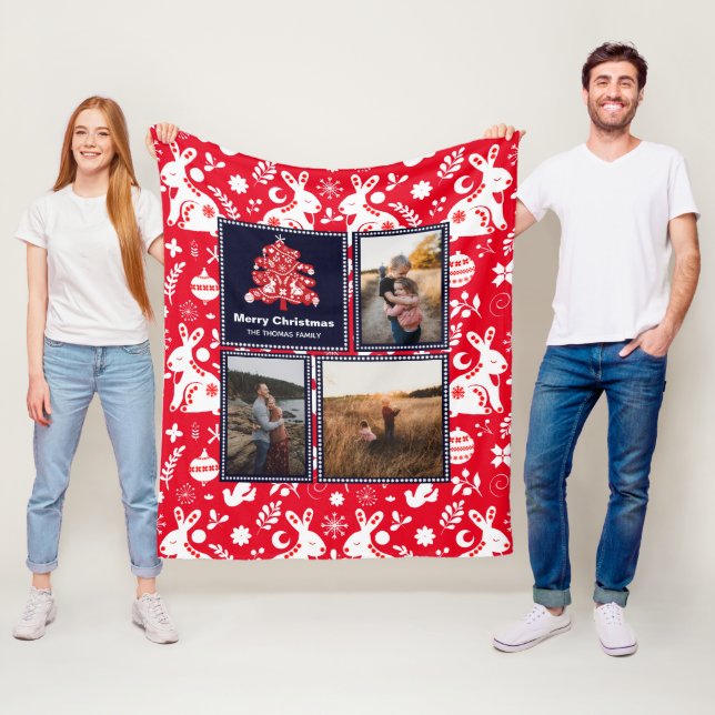 Nordic Folk Pattern Festive Christmas Tree Photo  Fleece Blanket (In Situ)