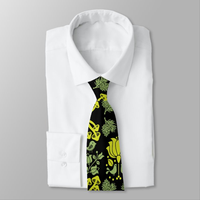 Nordic Forest Mushroom Folk Art Tie (Tied)