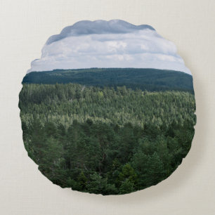 Nordic Forest With Clouds Nature Landscape Photo Round Cushion