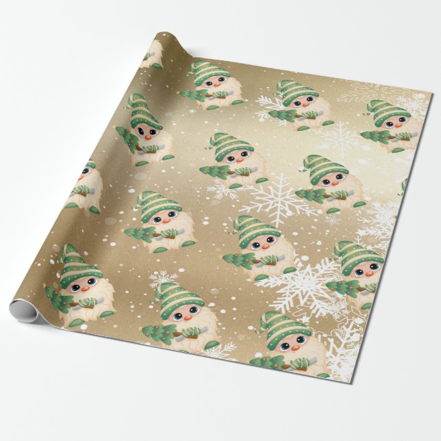 Nordic Gnome Snowflakes Gold Holiday Wrapping Paper (Unrolled)