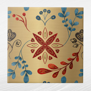 Nordic Gold Red Blue Leaves Pattern Graphic Ceramic Tile
