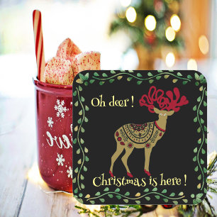 Nordic Gold Reindeer Green Frame Christmas Quote Square Sticker