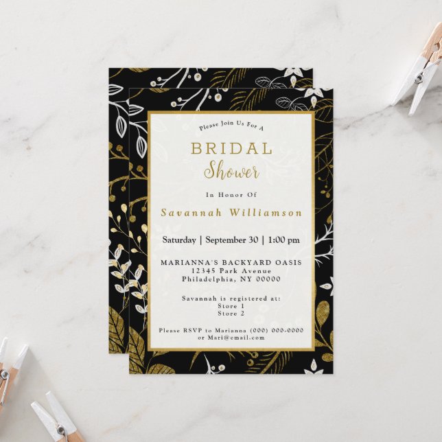 Nordic Gold White Leaves Bridal Shower Invitation (Front/Back In Situ)