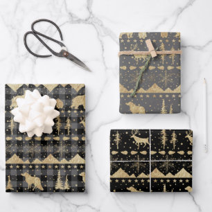 Nordic Grey Buffalo Plaid Gold Winter Animals Wrapping Paper Sheet