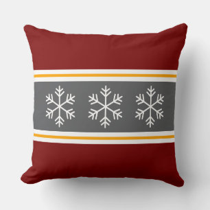 Nordic Grey Deep Red Stripes Alpine Snowflakes Cushion
