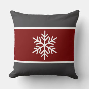 Nordic Grey Deep Red White Stripes Snowflake Cushion