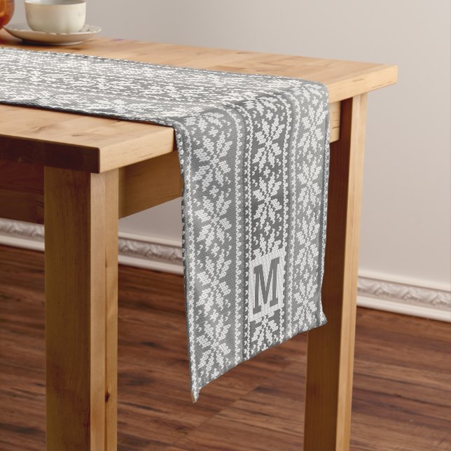 Nordic Grey Snowflake Faux Knit Sweater Monogram Short Table Runner (In Situ)