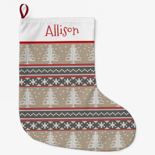 Nordic Knit Christmas Pattern   Tan and Red Large Stocking