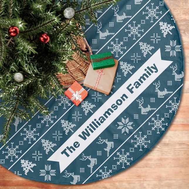 Nordic Knit Ugly Sweater Modern Navy White Name Fleece Tree Skirt (Creator Uploaded)