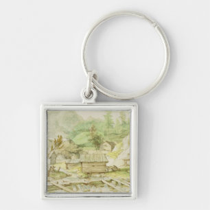 Nordic Landscape with Wooden Hut and Weir Key Ring