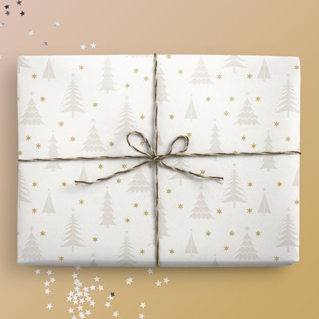 Nordic Light Tan Christmas Trees White Wrapping Paper (Creator Uploaded)
