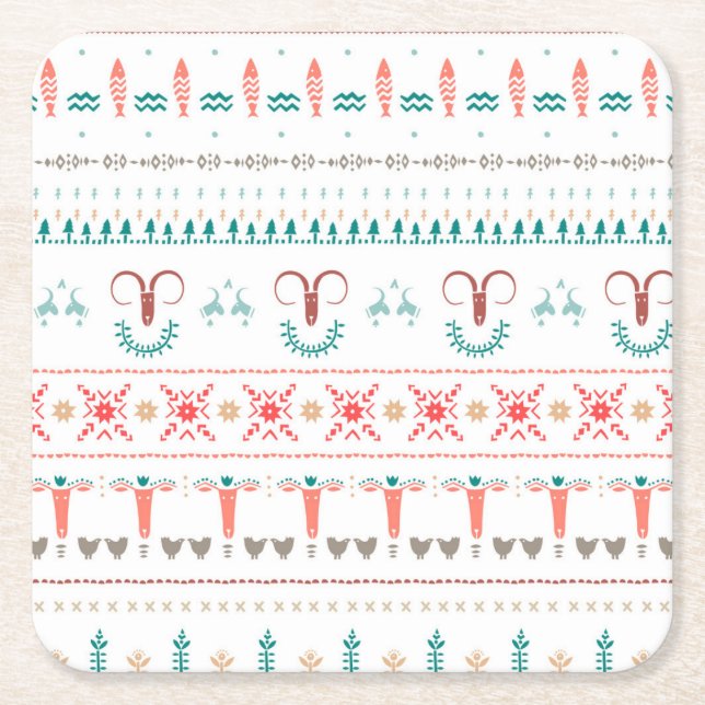 Nordic Light Winter Pattern Square Paper Coaster (Front)