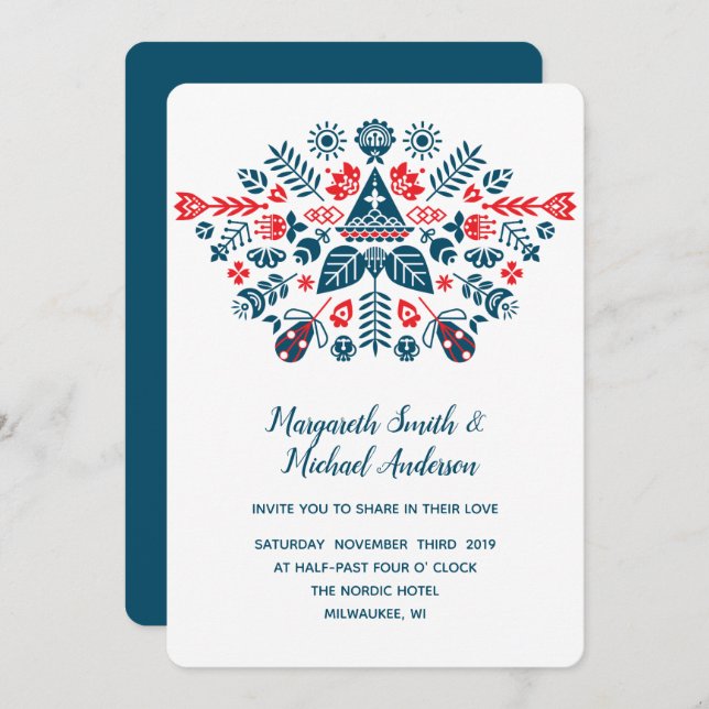 Nordic Love in red and blue | Wedding Invitation (Front/Back)