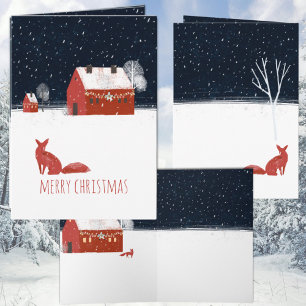Nordic Merry Christmas Night Red Barn & Red Fox Holiday Card