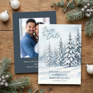 Nordic Mountain Snow Forest Watercolor Photo Save The Date