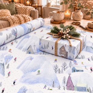Nordic Mountain Snowy Skiing Village Wrapping Paper