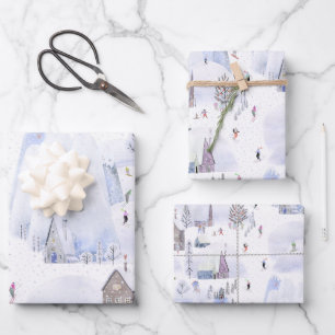 Nordic Mountain Snowy Skiing Village Wrapping Paper Sheet