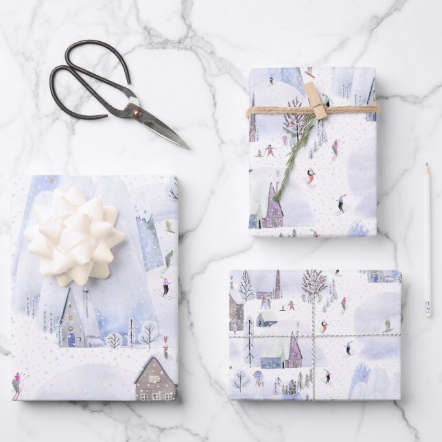 Nordic Mountain Snowy Skiing Village Wrapping Paper Sheet (Front)
