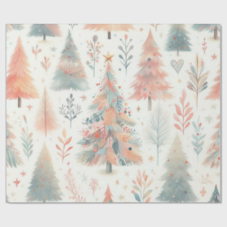 Nordic Pastel Pink and Green Christmas Tree  Wrapping Paper
