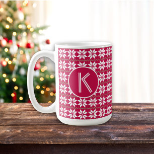 Nordic Pattern Crimson Red Customised Monogram Coffee Mug
