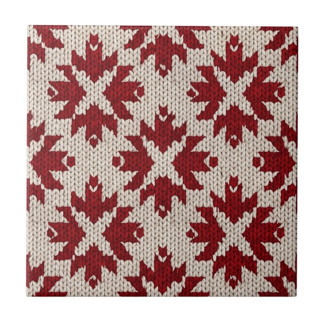 Nordic Red and White Knit Pattern – Classic Winter Ceramic Tile (Front)