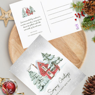 Nordic Red Barn Snowflakes Pine Forest Christmas Holiday Postcard