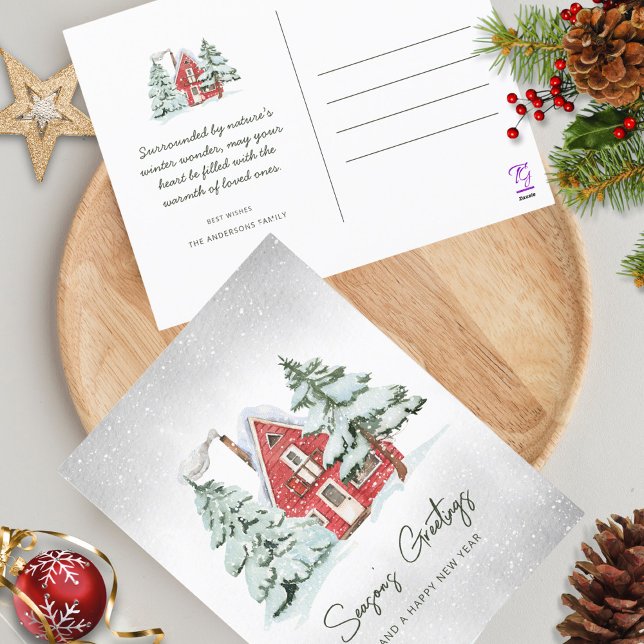 Nordic Red Barn Snowflakes Pine Forest Christmas Holiday Postcard (Creator Uploaded)