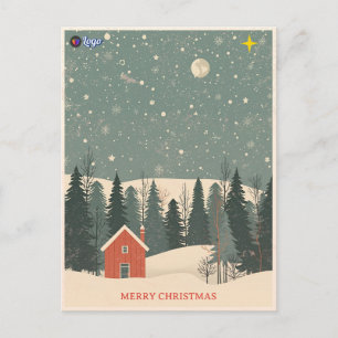 Nordic Red Cottage Forest Snow Vintane Christmas Holiday Postcard