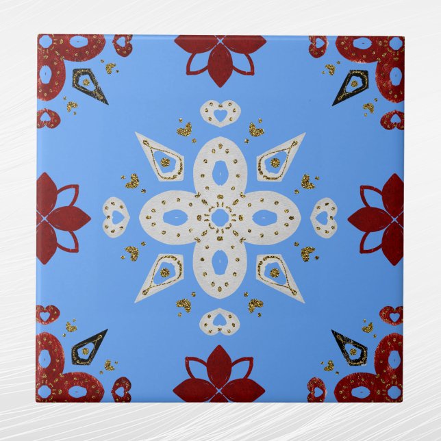 Nordic Red Gold Blue Scandinavian Graphic Ceramic Tile (Creator Uploaded)