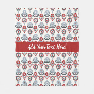 Nordic Red White Blue Charcoal Gray Flowers Fleece Blanket