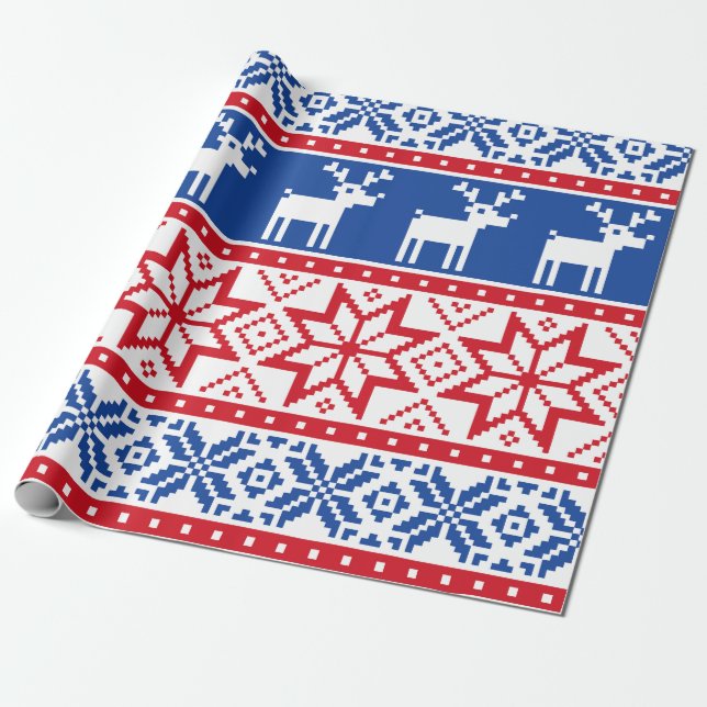 Nordic Reindeer and Snowflakes Wrapping Paper (Unrolled)