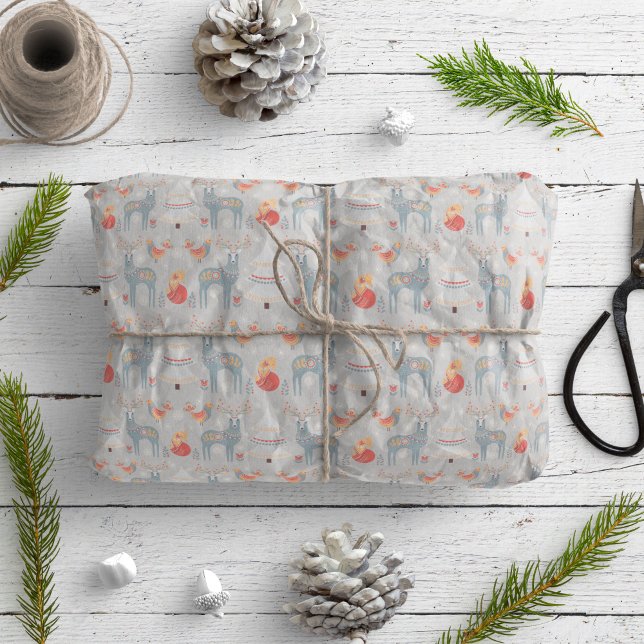 Nordic Reindeer Christmas Tree Floral Grey  Wrapping Paper (Creator Uploaded)