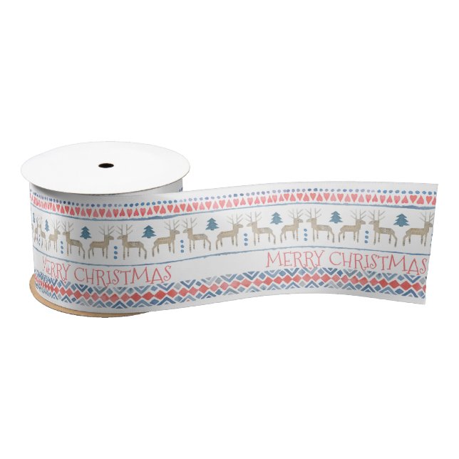 Nordic Reindeer Fairisle Merry Christmas Satin Ribbon (Spool)