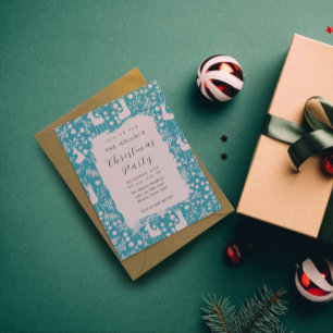 Nordic Reindeer Floral Blush on Teal Christmas Invitation